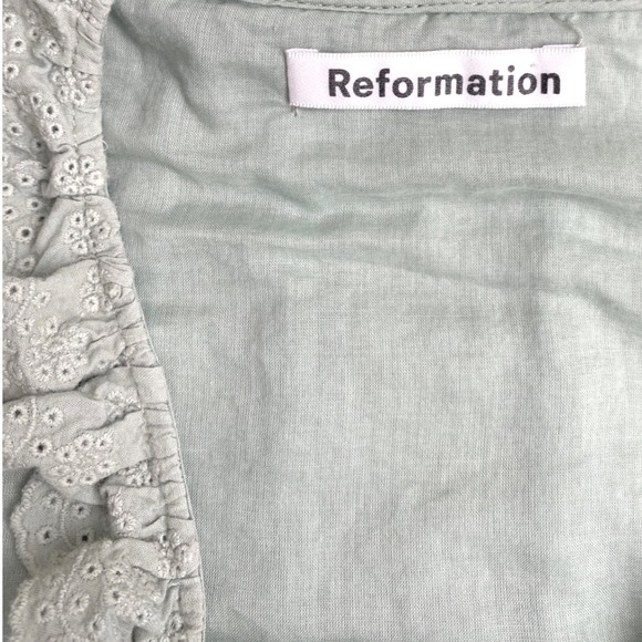 REFORMATION‎ Tucker Eyelet Ruffle Mini Dress Tunic SZ M Sage Green Feminine Boho - Picture 8 of 11